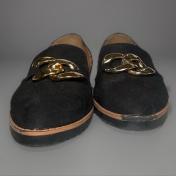 Adrienne Vittadini Shoes Flats Womens Size 7.5 M Black Slip On Suede Feel Gold - Picture 5 of 9